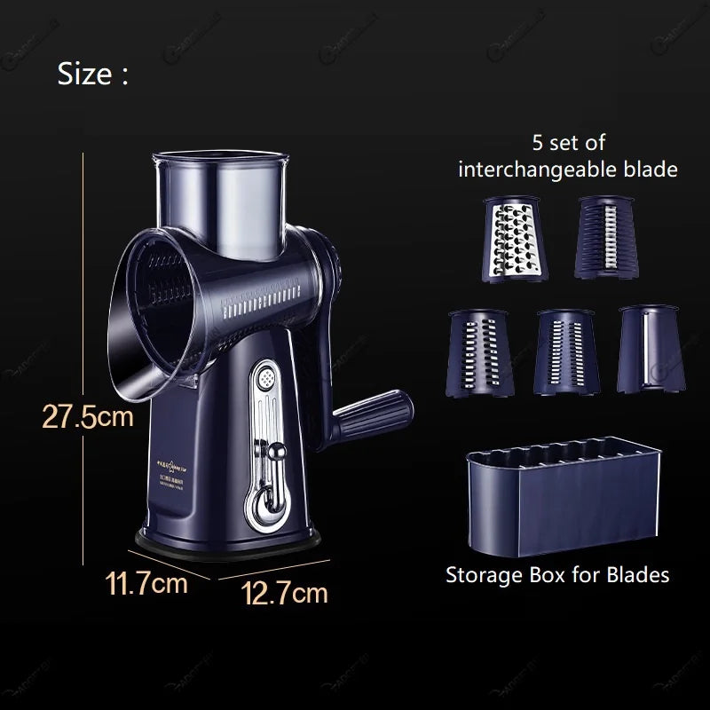 Fatiador Estilo retro 7 em 1 multifuncional rotativo cortador de legumes ralador cortador com 5 tipos de lâmina intercambiável