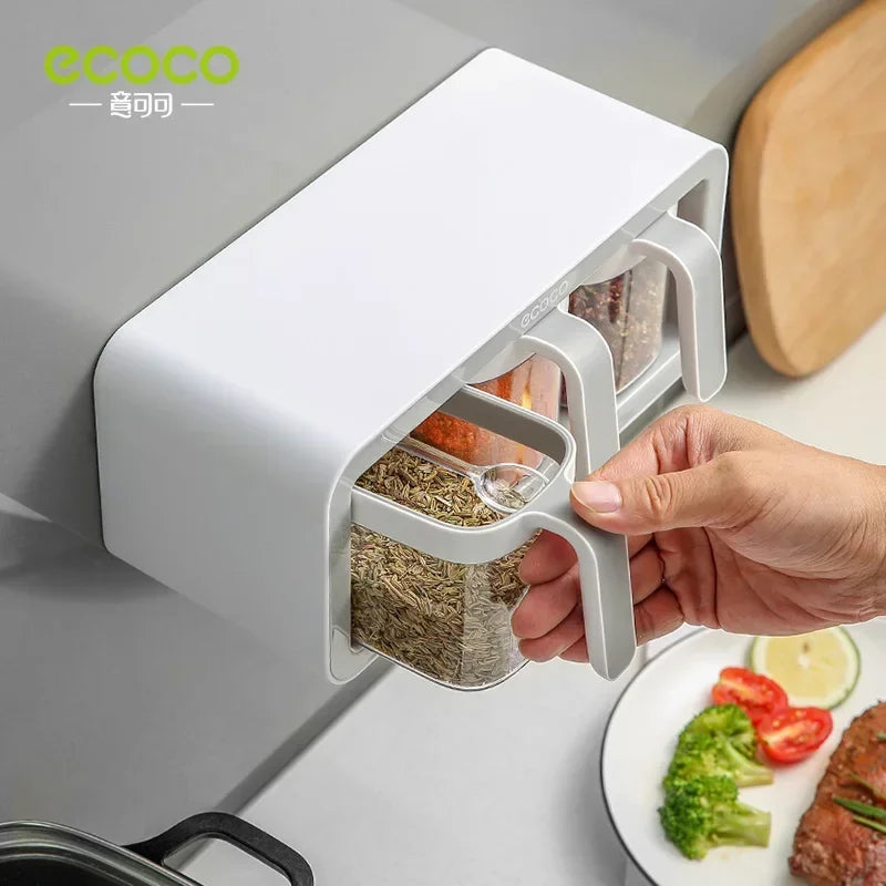 ECOCO Wall Mounted Seasoning Box Spice Storage Rack Seasoning Organizer Kitchen Accessories Salt Jar Shaker Pepper Container